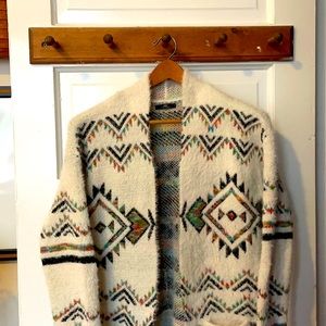Long, sweater jacket. White w/ Southwest US design